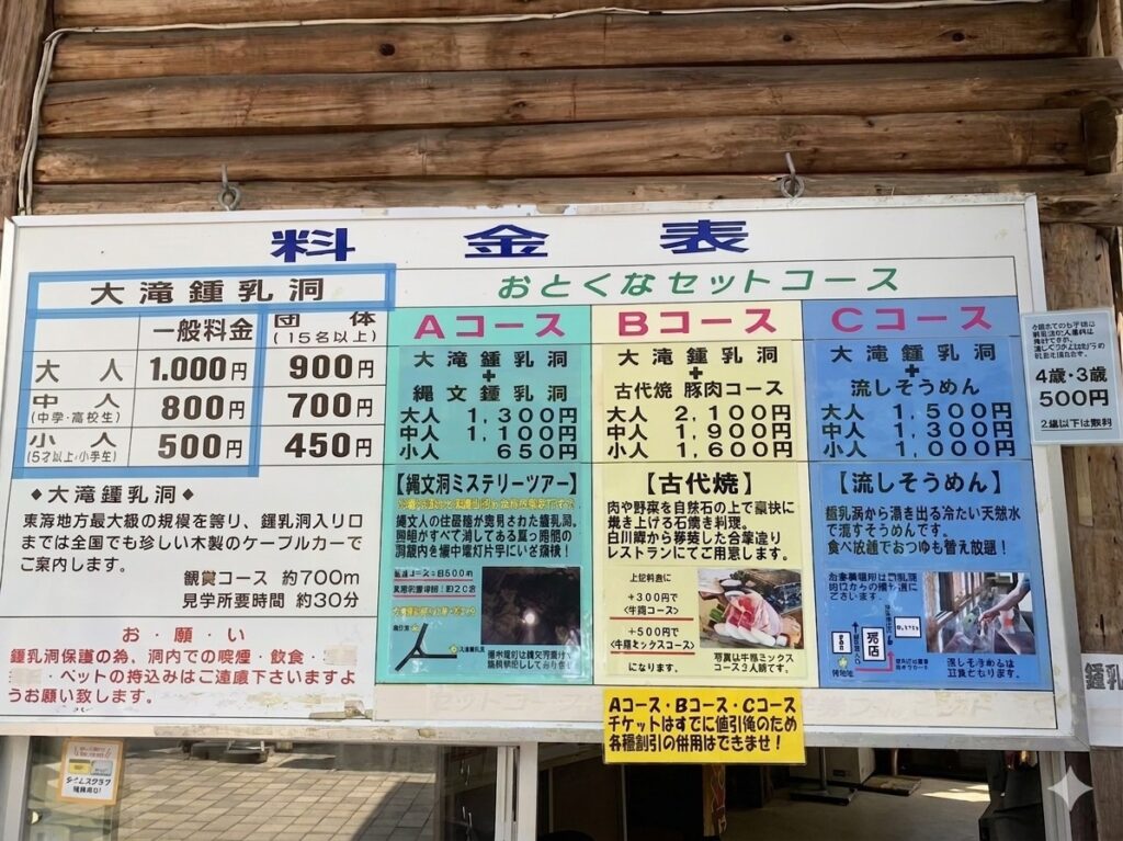 大滝洞窟の料金表(2026)